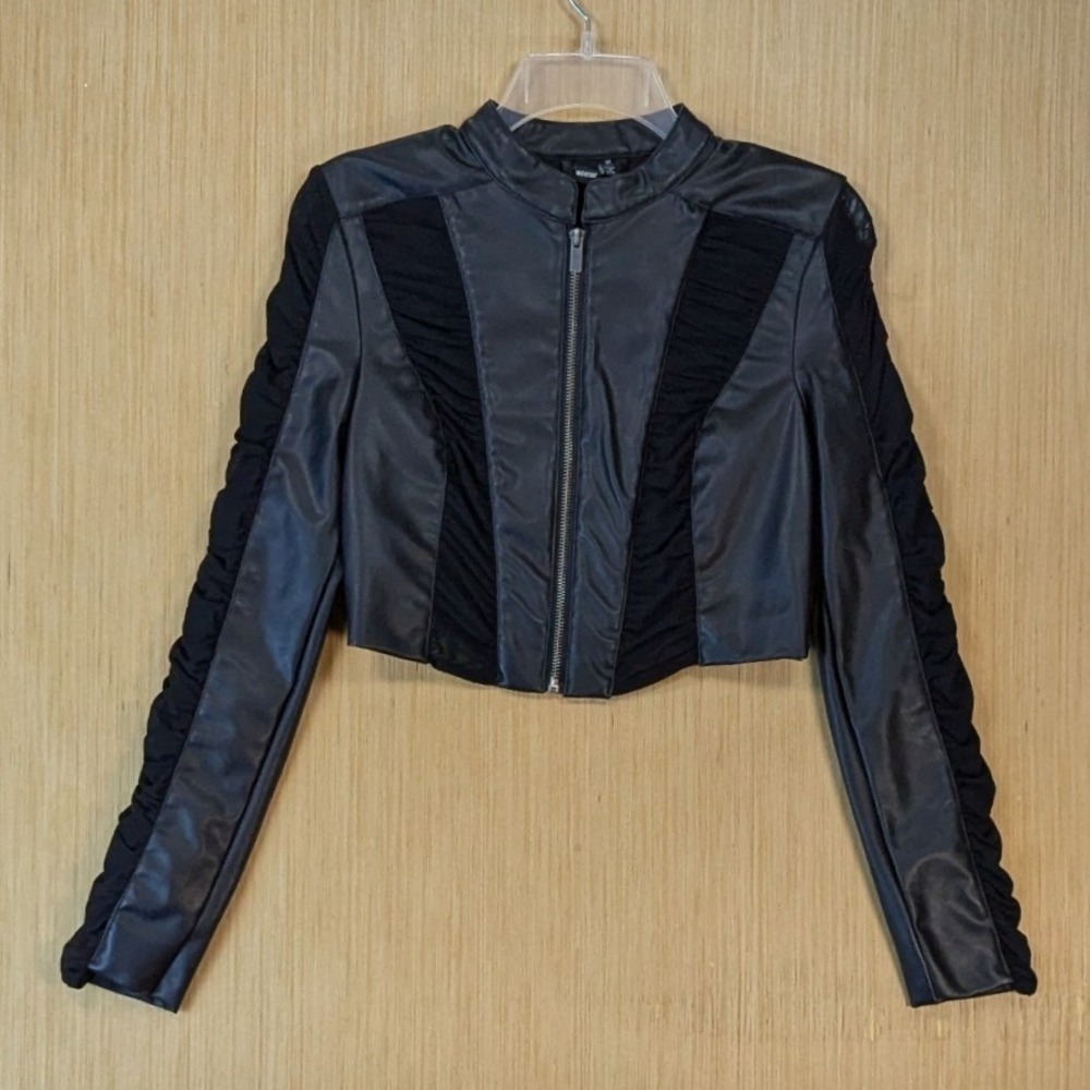 Women Black Faux Leather Cropped Moto Jacket Medium Ruched Mesh Whimsygoth Biker